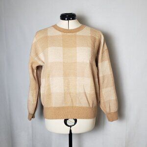 Madewell Plaid Merino Wool Pullover Sweater in Camel Combo Crew Neck Size Med